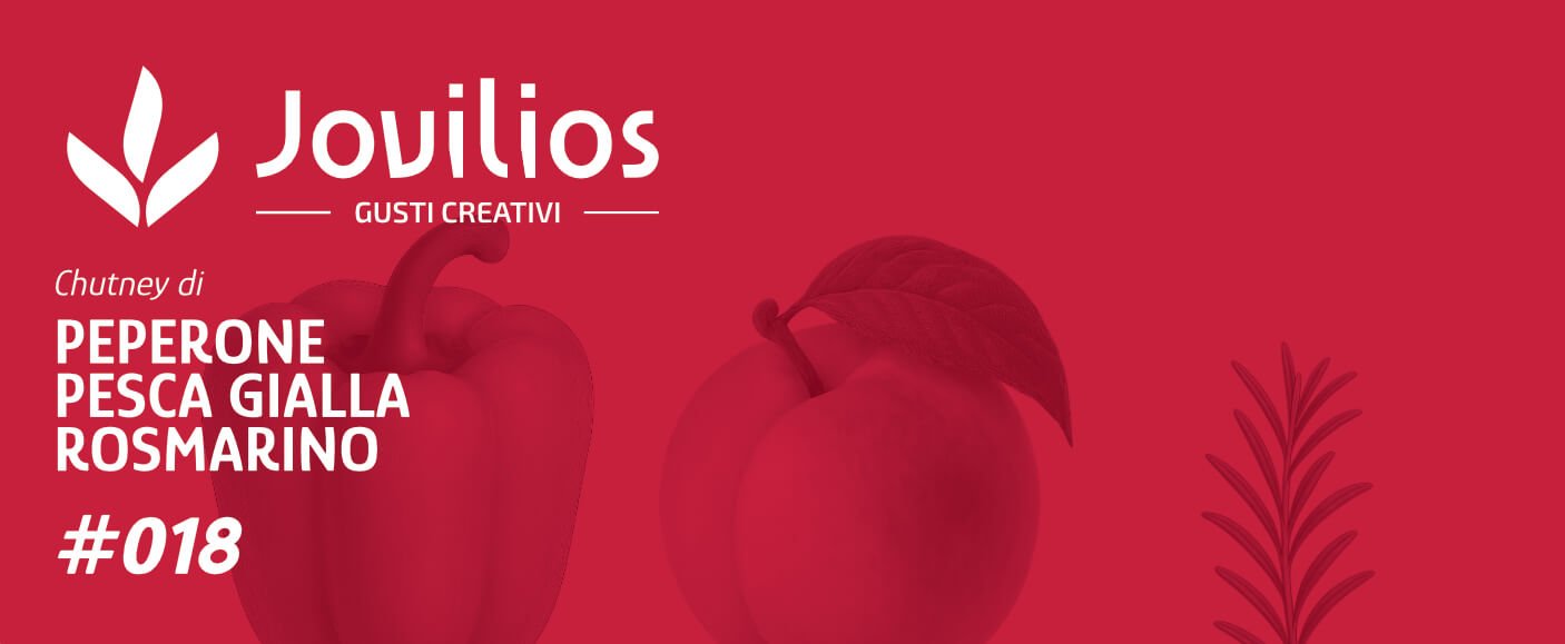 Etichetta grafica di chutney artigianale di peperone, pesca gialla e rosmarino