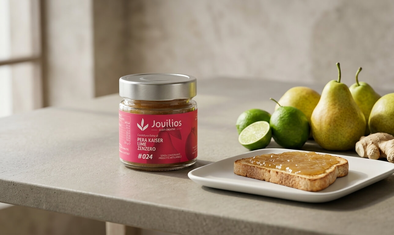 Still-life con barattolo di confettura pera Kaiser, lime e zenzero, fetta di pane e frutta fresca